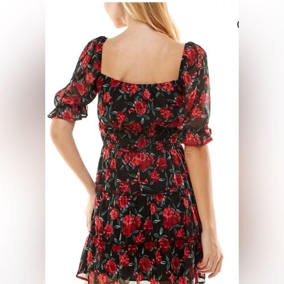 TRIXXI FLORAL RED and BLACK PUFF SLEEVE DRESS- Size MED-NWT - Picture 10 of 14